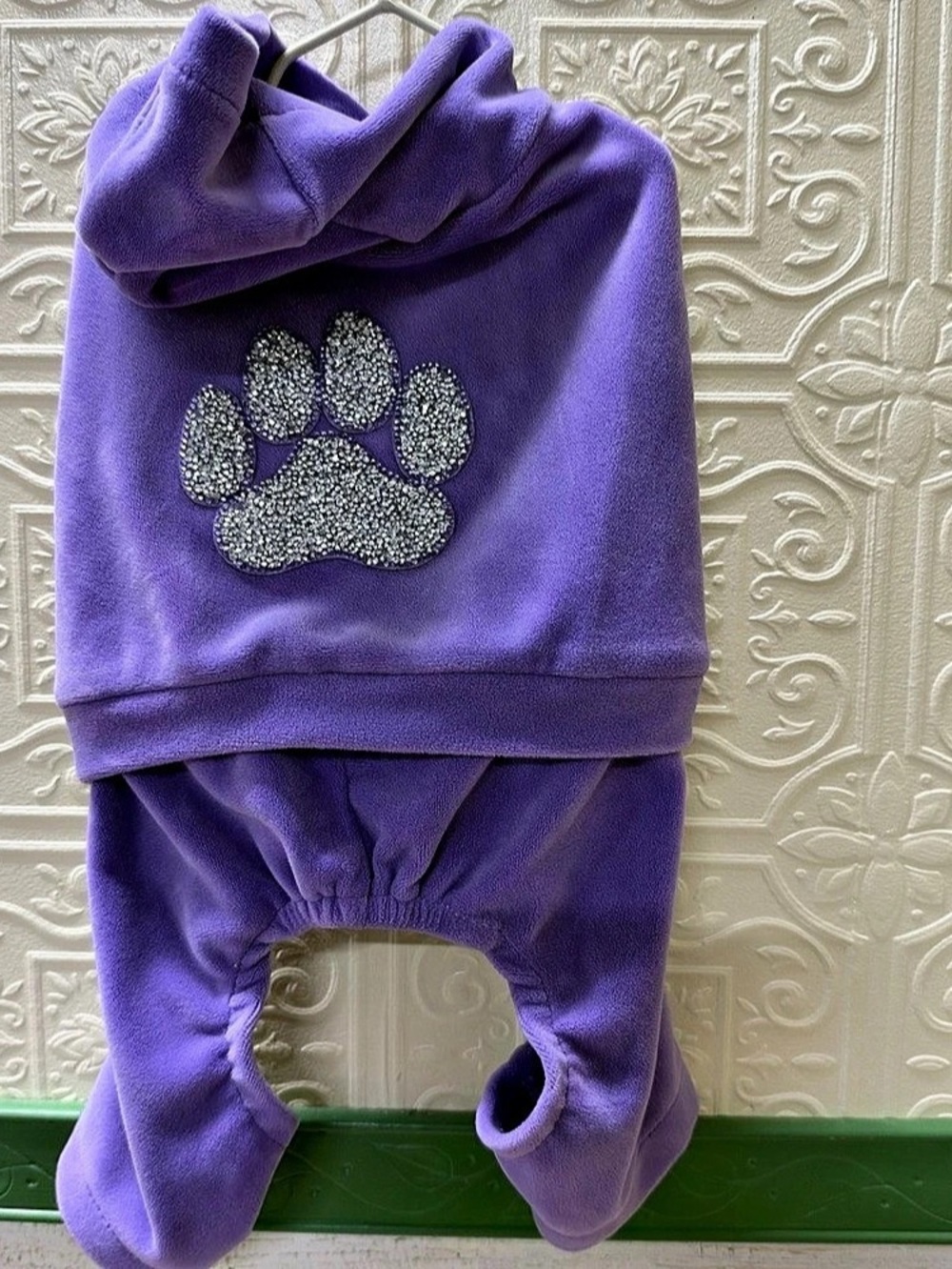 Isaac Mizrahi New York Velour Dog Jumpsuit with Rhinestone Paw Print Hooded